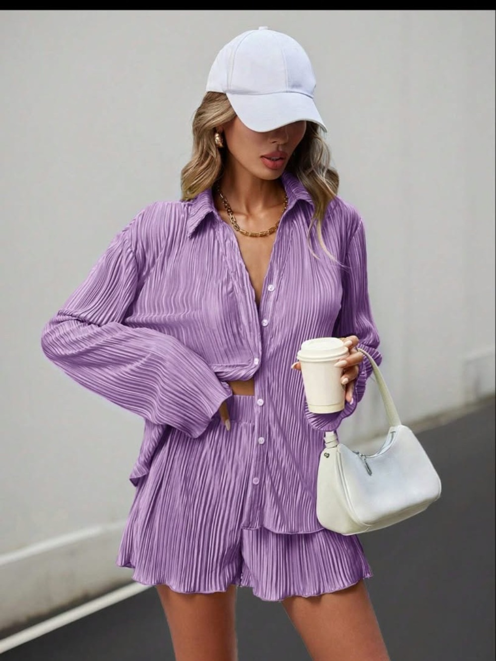 Pleated Lavender Button-Down Top - Women's